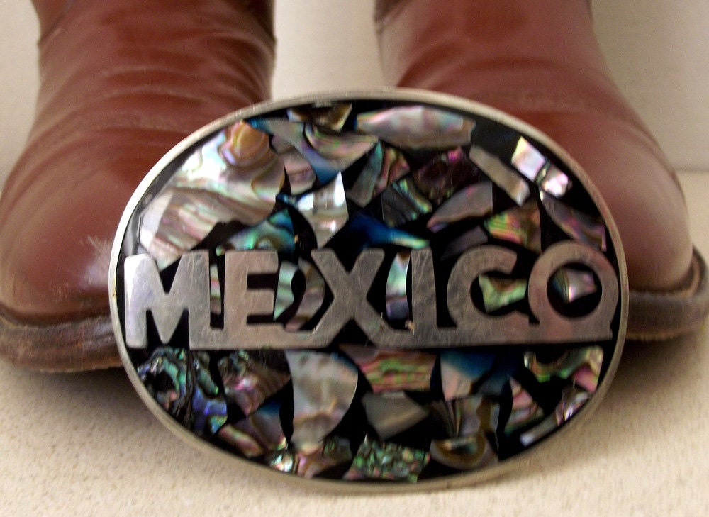 Silver and Rock Mosaic style vintage Mexico belt buckle