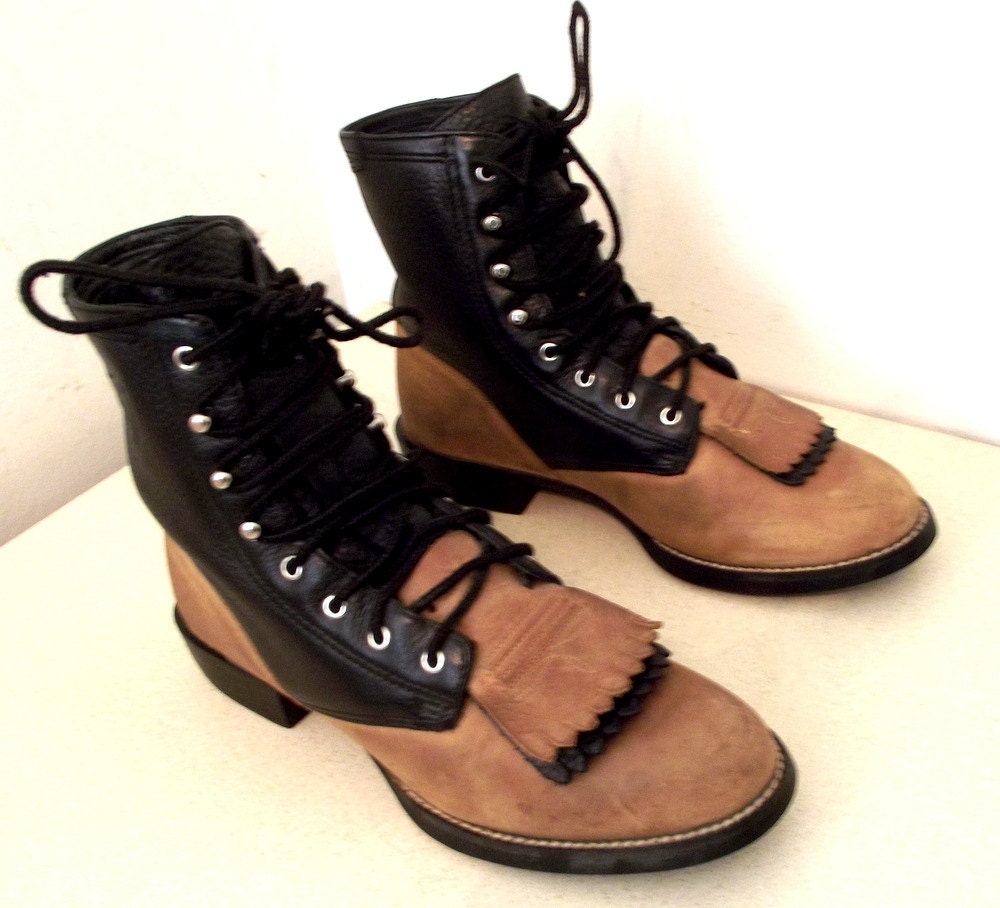 Broken In Lace up cowboy boots with fringe -- black and brown