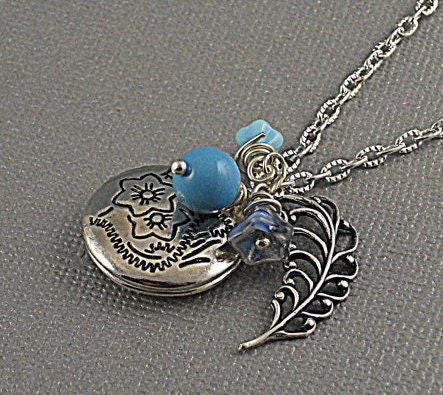 Antique Silver Botanical Locket, Mod Leaf, Swarovski Turquoise Pearl, Dark Blue Locket Necklace-LARA