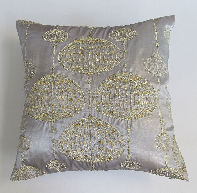 silver decorative pillow cover with gold lantern embroidery and stonework 18 inch