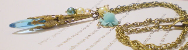 Pure Beauty II Vintage Style Necklace With Elongated Czech Glass Teardrop and Glass Pearl and Flower Accents