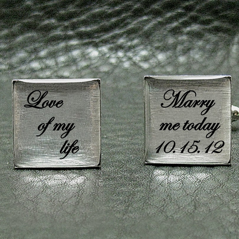 Love of My Life - Marry Me Today - Groom - Date - Imprinted Silver Leaf Wedding Cuff links - W