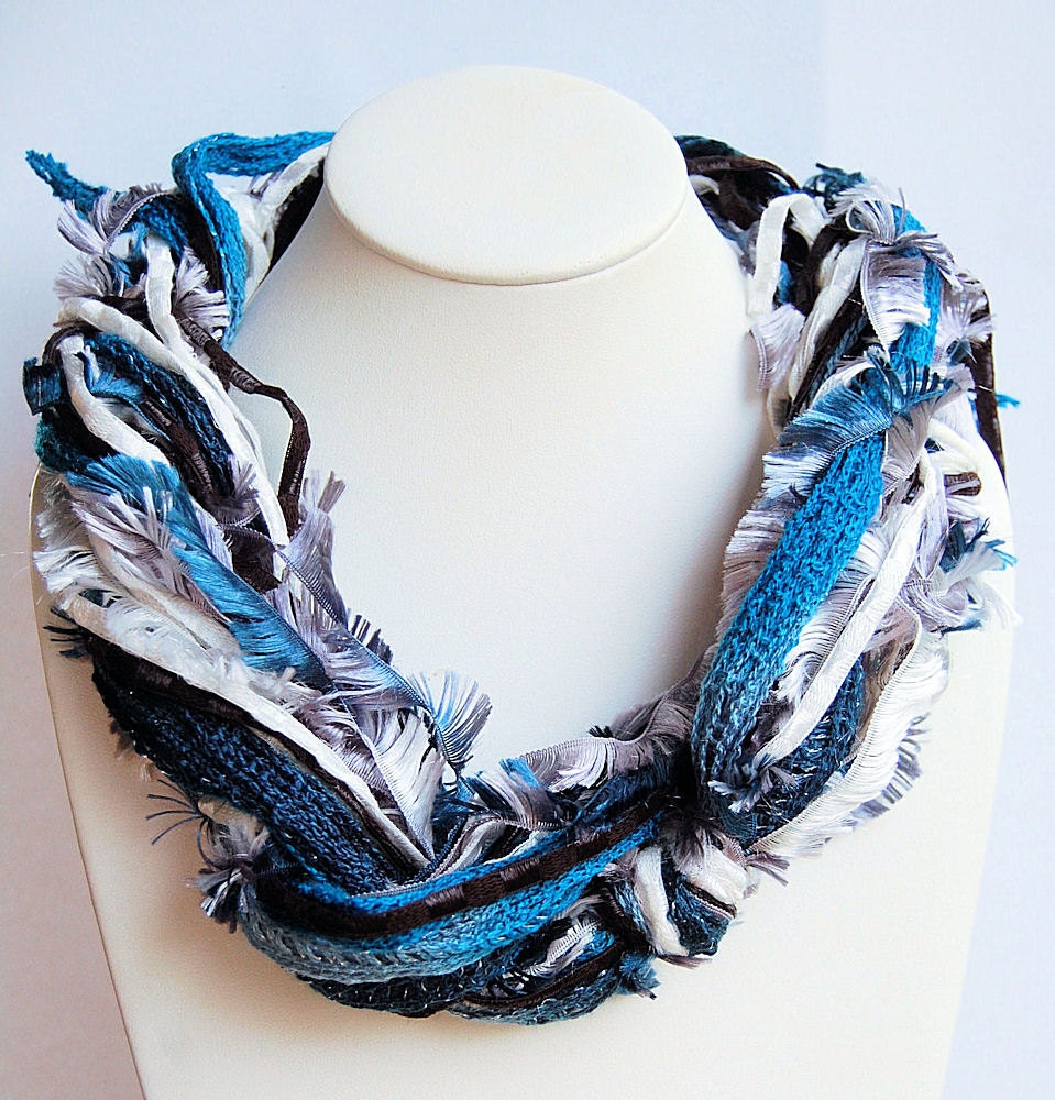 Teal blue black white grey textured knotted skinny scarf necklace