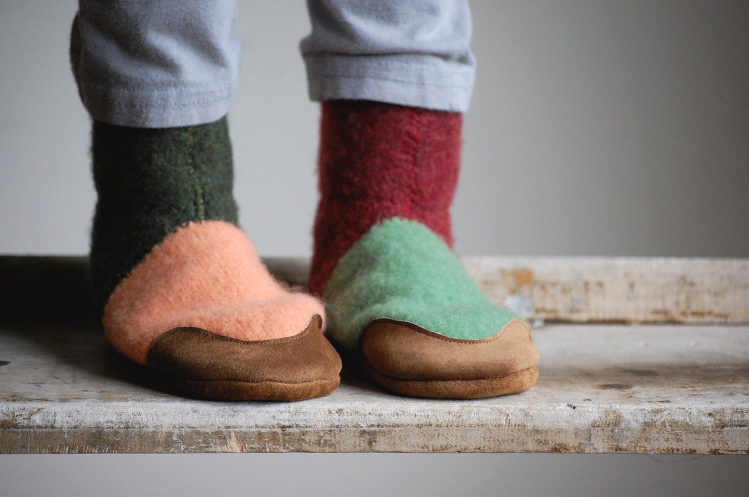 Kids Wool Slippers, Leather Soles, Eco Friendly, sizes 7.5, Fall and Winter
