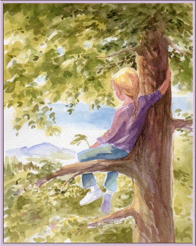 Watercolor Tree Dreams - Girl - Childhood - Climb a tree - Adventure