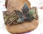Beaded Macrame Bracelet with Verdigris Copper Leaf Khaki Iris