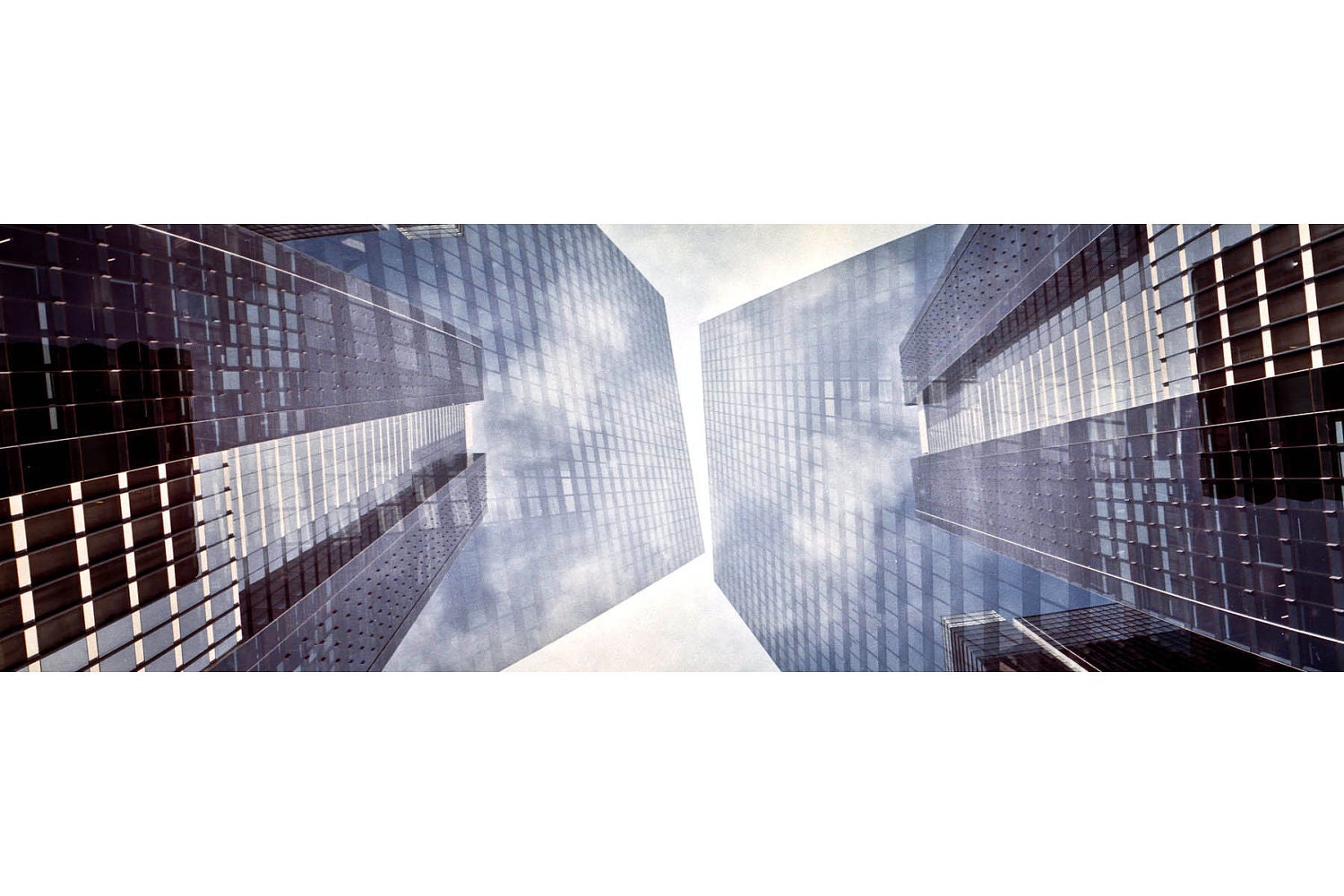 Downtown Chicago panorama 2x6 magnet, FREE SHIPPING, architeture cityscape, multiple exposure, 35mm color film "Whiskey Blue"