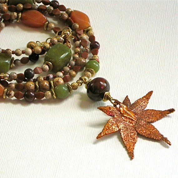 Real Leaf Necklace - Maple Leaf, Aventurine, Jade, Brass Necklace - Fall Foliage