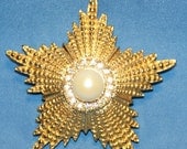 Cathe Gold tone Pearl and Rhinestone Star Brooch or Pendant