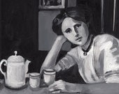 Vintage woman having tea  / Original acrylic painting