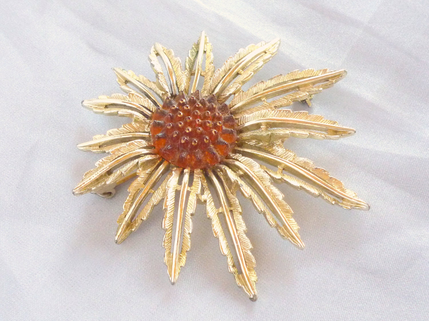 Vintage Starburst Brooch Pendant Sarah Coventry Pin Amber Sunflower