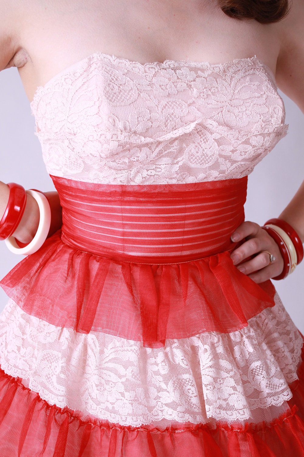 Vintage 1950s Party Dress - Red and Pale Pink Tulle Cupcake Princess Strapless Party Wedding Dress Tea Length