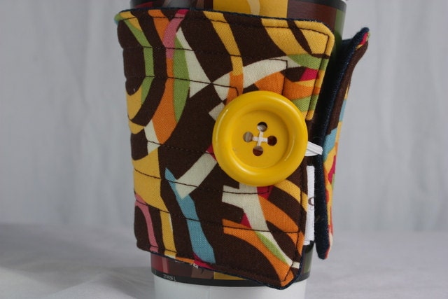 cup sleeve, cup cozy handmade quilted reusable fabric coffee cup sleeve: geometric pinks and browns