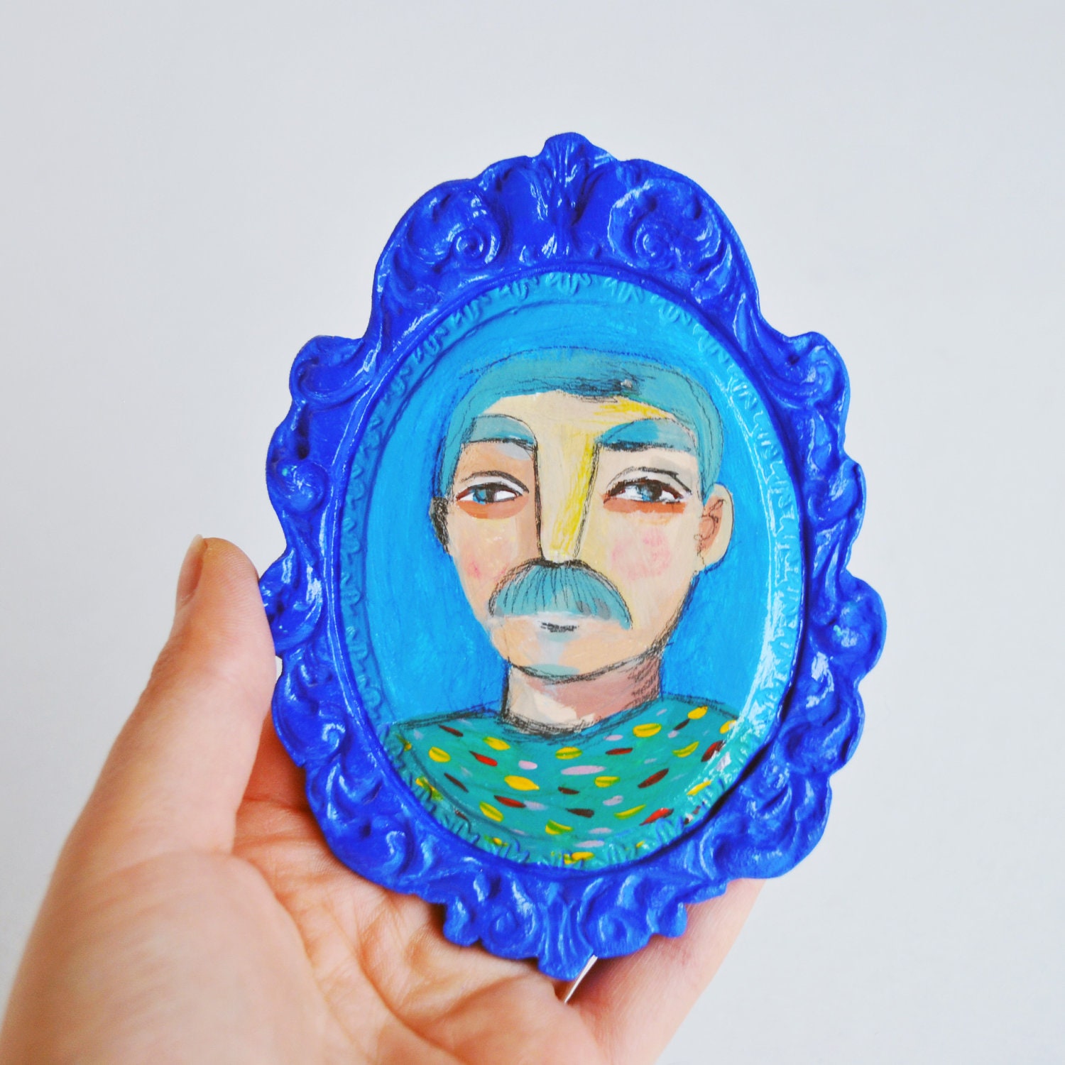 Blue Man frame illustration portrait OOAK wall hanging decoration sculpture