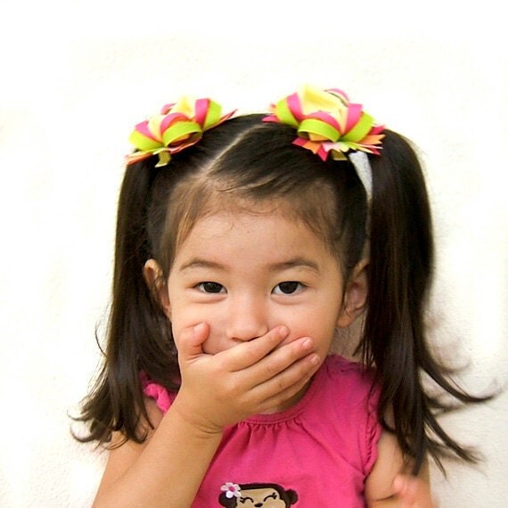 Girly Monkey Hair Bow, Monkey Boutique Bow, 3" Stacked Bow, Spikes, Citrus, Hot Pink, Back to School, Speak No Evil