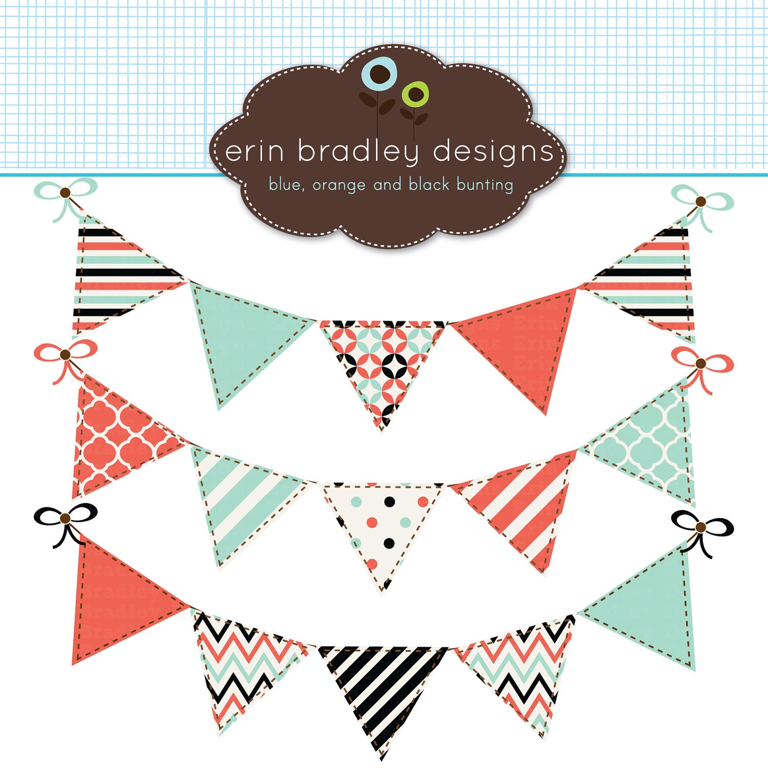 Blue Orange and Black Bunting Clipart Clip Art Personal Commercial Use Banner Flags