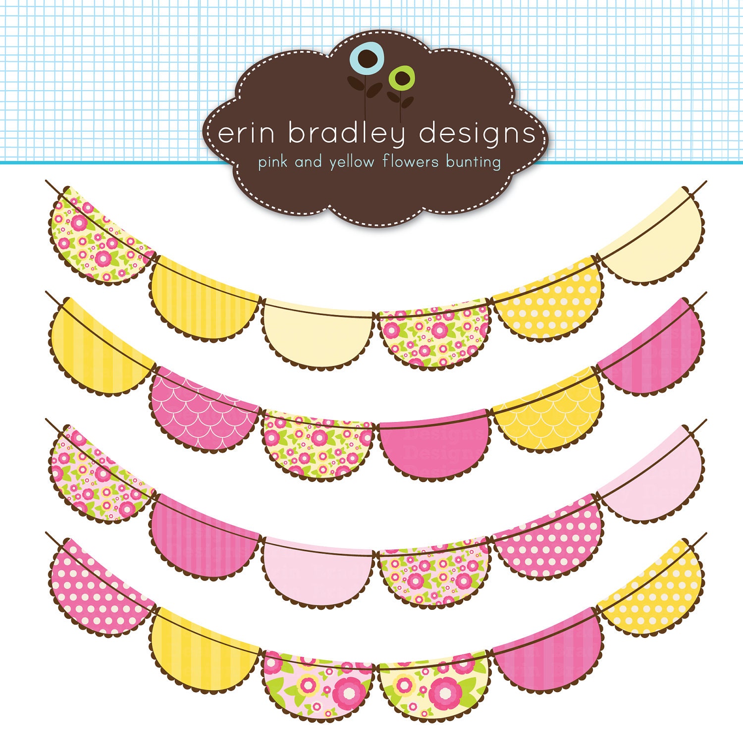 Pink and Yellow Flowers Bunting Flags Clipart Clip Art for Personal & Commercial Use