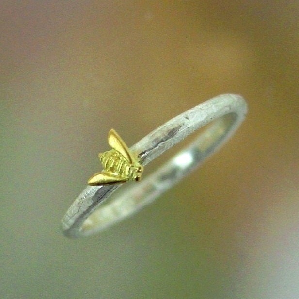 Tiny Bee Stacking Ring,  Silver Honey Bee Stacking Ring, Sterling Silver, 18k Gold Bee, Made to order