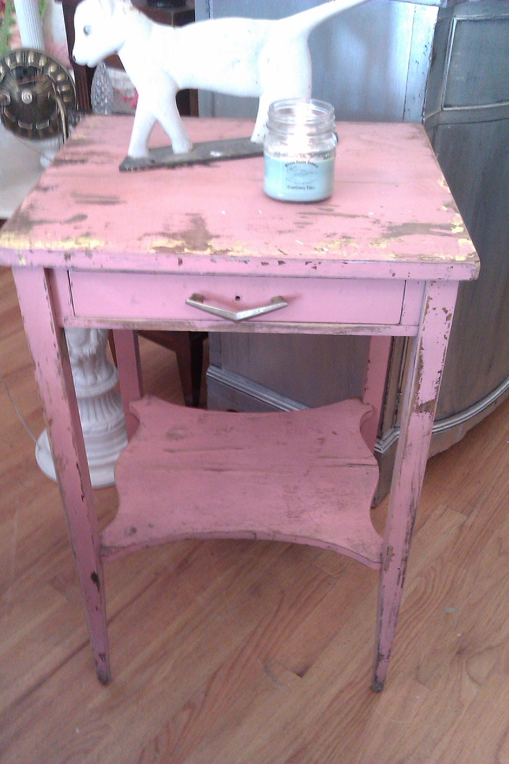 vintage nightstand table pink shabby distressed rustic chic cottage