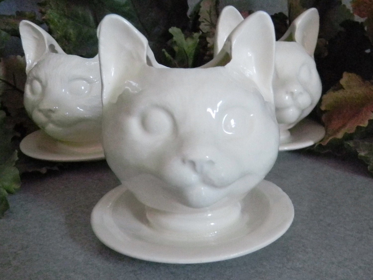 Cat Doll  head Planter with Saucer Wee White and  Wonderful