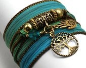 Hand Dyed Silk Wrap Bracelet - Sand and Sea - Antique Brass Tree of Life,  Henna Hamsa, and Amethyst Swarovski Crystals
