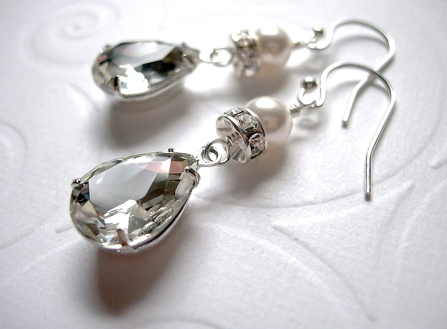 Clear Crystal Rhinestone Teardrop, White Pearl Earrings, Vintage Estate, Sterling Silver Earwires, Bridal, Bridesmaid, Beaded Details