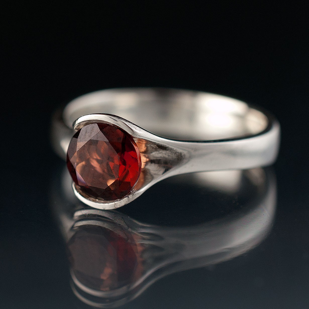 Garnet Sterling Silver Ring Fold Gemstone Ring Round Faceted Garnet Ring