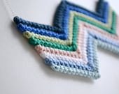 crochet zigzag, chevron, arrow necklace in blue, green, white and pink, with sterling silver chain