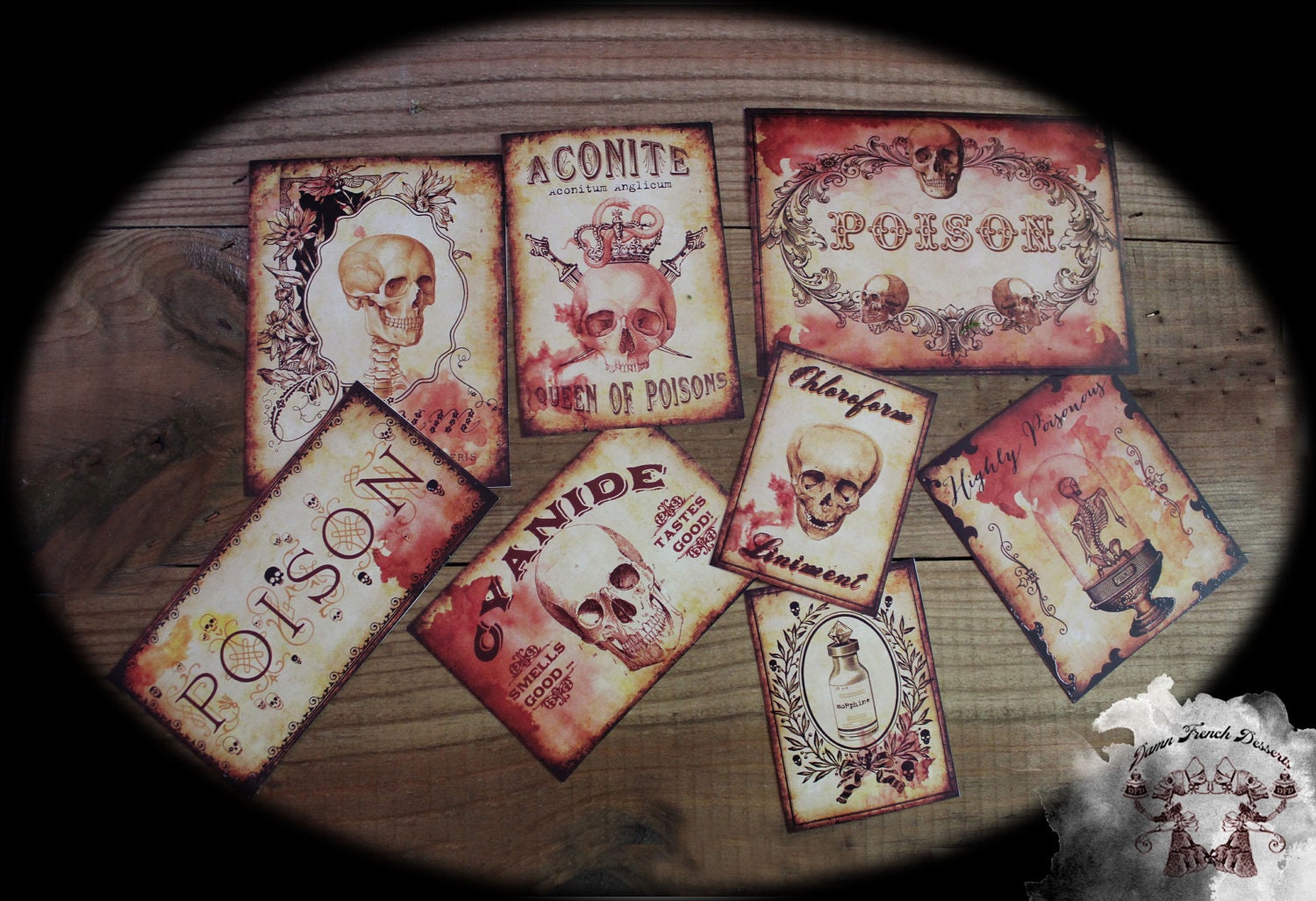 Bottles and Apothecary Labels Poison Blood and Skulls Halloween Victorian Potion