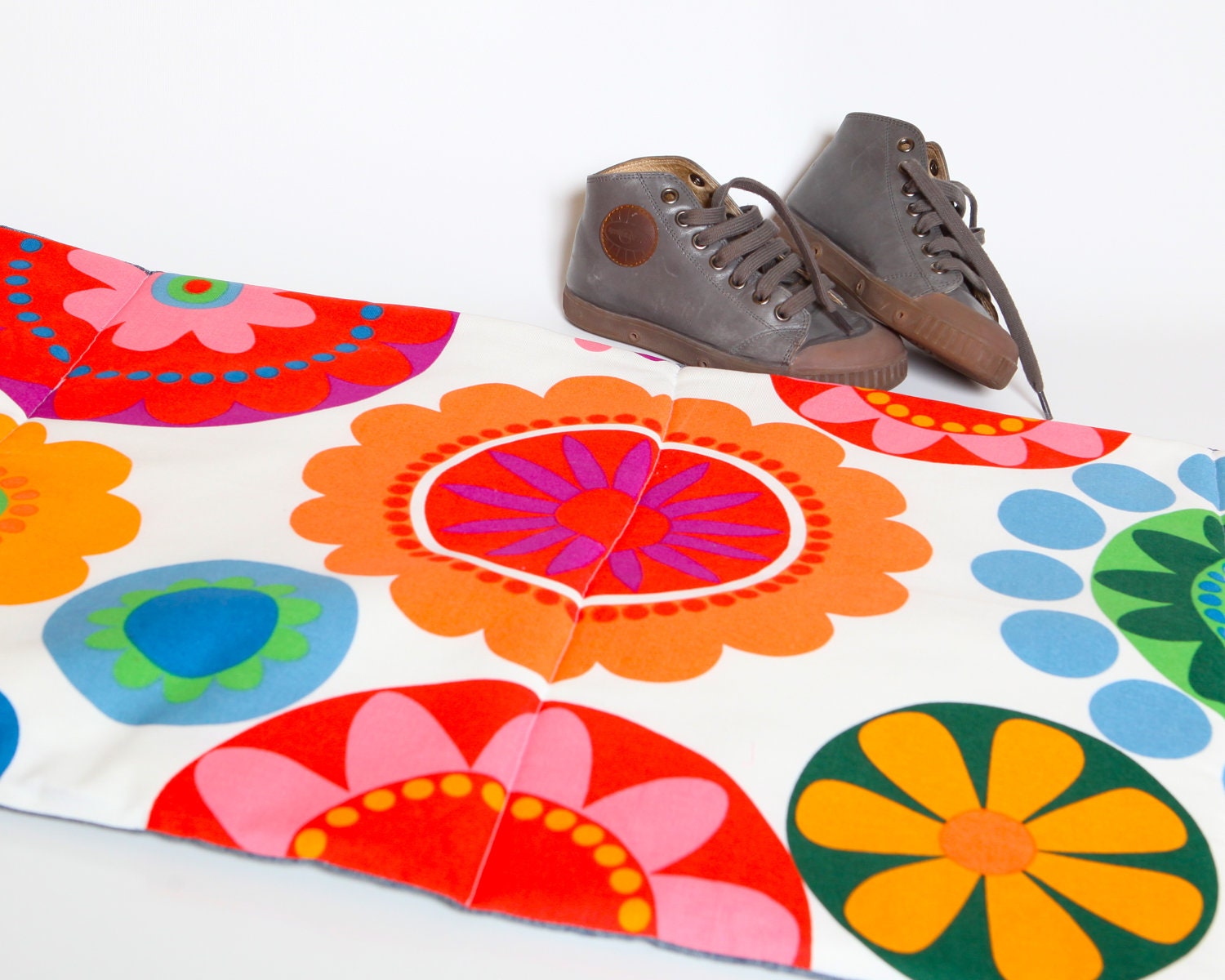 Rainbow Preschool Nap Mat - Eco friendly Geometric Flowers for Modern Kids with Organic Denim