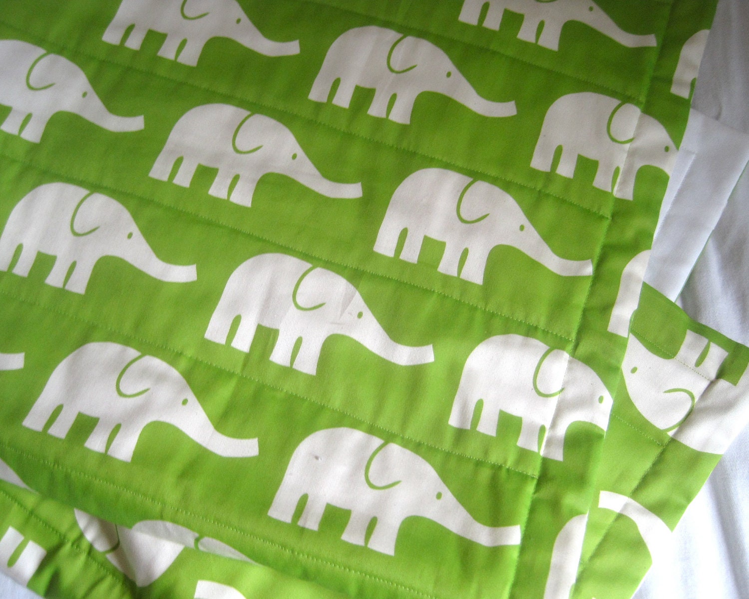 ORGANIC Baby Quilt / Modern Elephants Green White Crib Bedding Quilted Blanket - Eco Friendly Kids Nursery Decor (Ready to Ship)