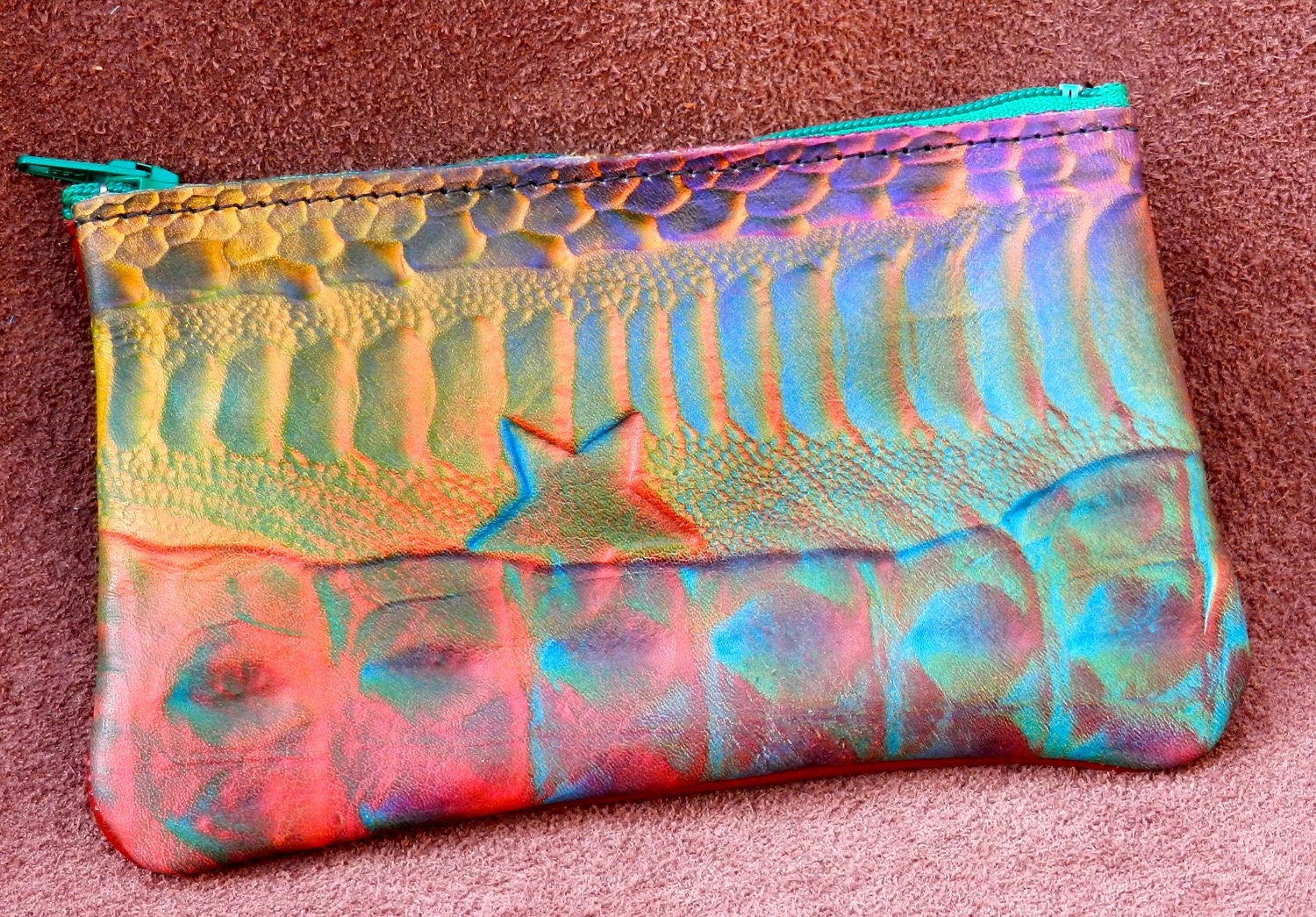 Leather Wallet /  Coin Change Purse Bag Rainbow Airbrushed Abstract Exotics Patterned Cowhide purple, green ,blue-rainbow