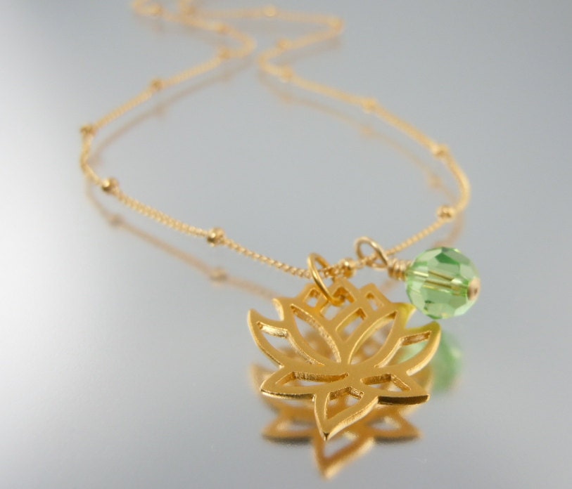Gold Lotus Flower Necklace - Choose your birthstone color