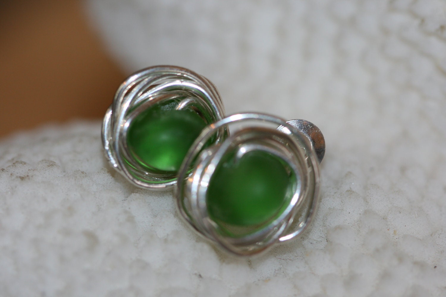 RARE emerald green  beach sea glass 925 sterling silver wire wrapped  studs post earrings