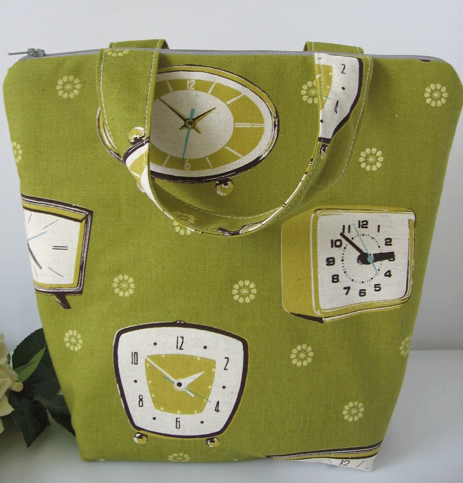Olive Green Retro clocks / Insulated Lunch Bag / Melody Miller  fabric / lunch Tote / teachers bag / lunch sack