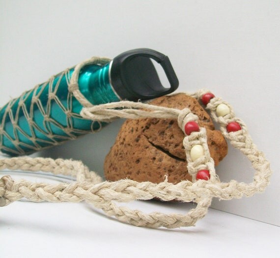 Items similar to Hemp Water Bottle Holder Bag Sling with Red and White Wood Beads on Etsy