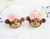 Clay Earrings - Smiling Little Monkeys with Light Pink Bows - LAST PAIR -