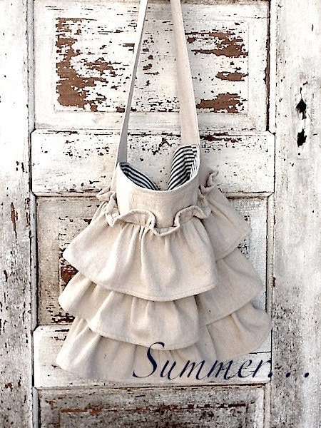 Ruffled Shoulder Canvas Bag, Rustic Ruffles, Farmhouse, Shabby Romantic