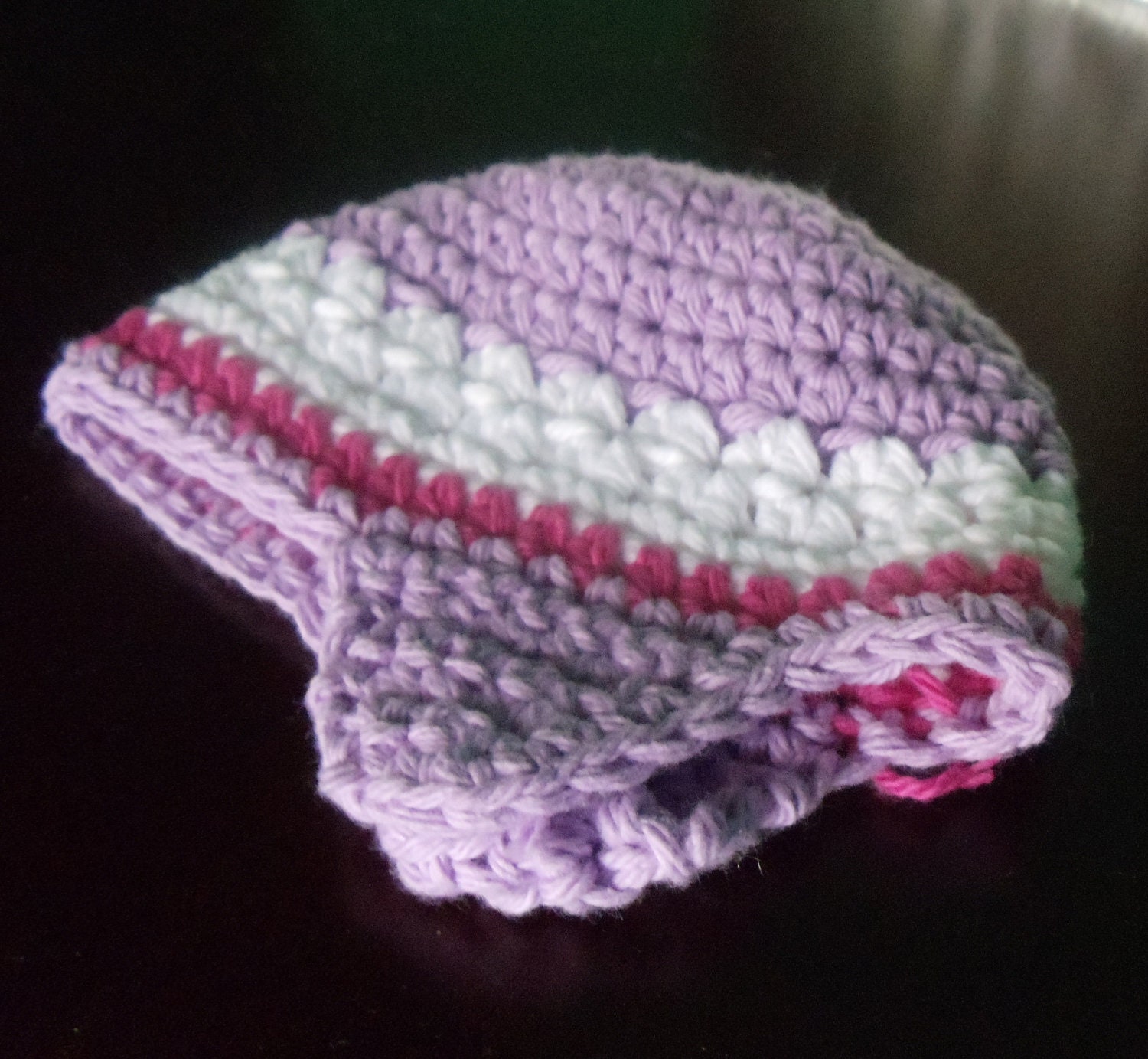 Crocheted Beanie with Ear Flaps - Purple, White, Pink  - fits American Girl and Bitty Baby