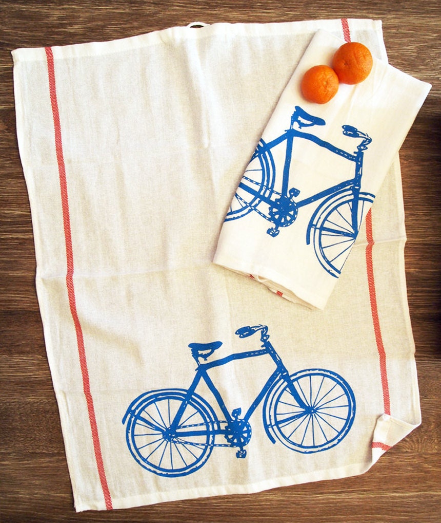Set of 2 Towels - Vintage BIKE Turquoise & Red Stripe Renewable Natural Cotton Kitchen or Bar