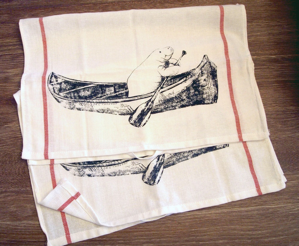 Towel Set - Manatee in a Canoe - Bar Towel Set - Natural Cotton Red Stripe Herringbone