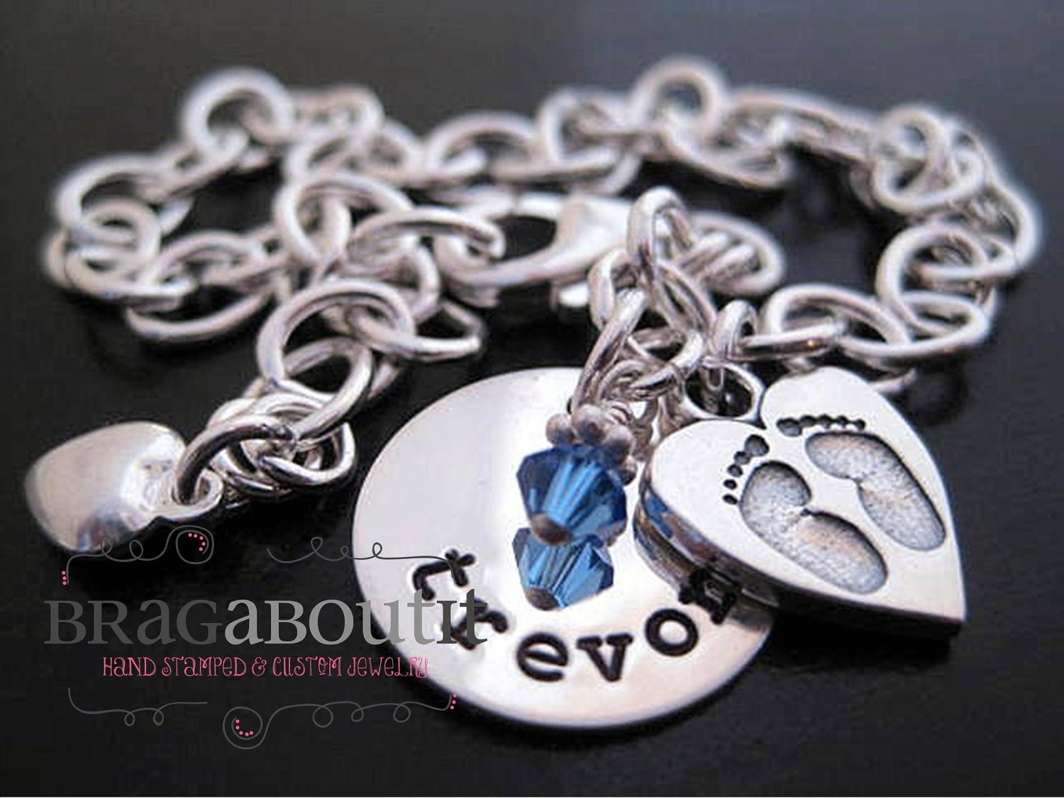 Personalized Jewelry - Charm Bracelet - Sterling Silver Brag Bracelet - Footprints on My Heart