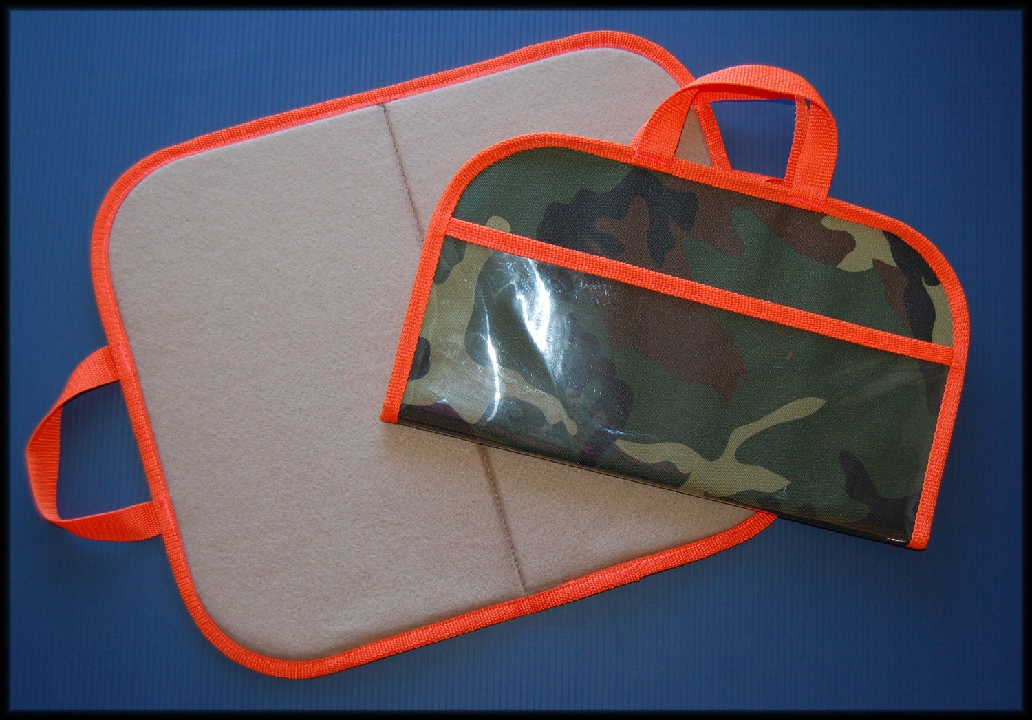 Mini Felt / Flannel Board with handles and storage 14 X16 Green Camo w Orange Trim