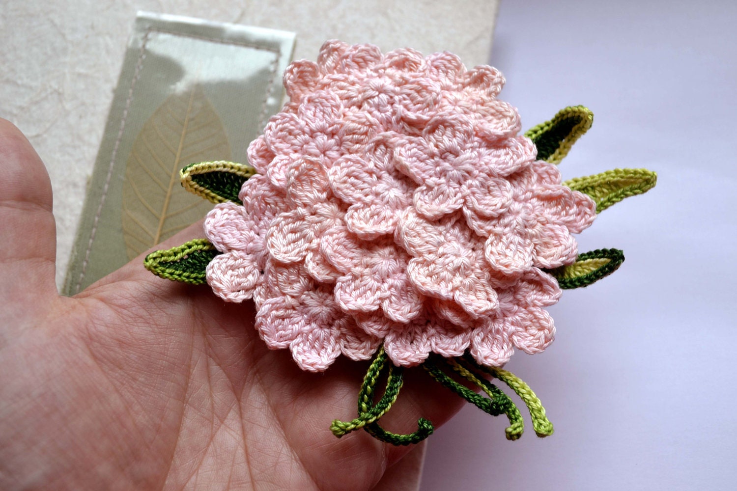 Crochet Cotton Peach Flower Floral Brooch Pin
