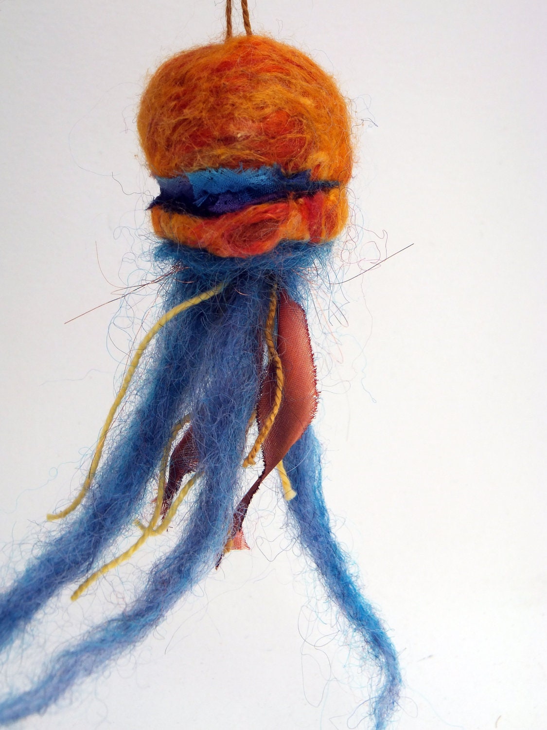 Silky Orange Jellyfish - hanging ornament felted soft sculpture