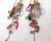 Watermelon Tourmaline Earrings Pink Amethyst Gold Filled Chain Dangle Luxury Fashion - Bella