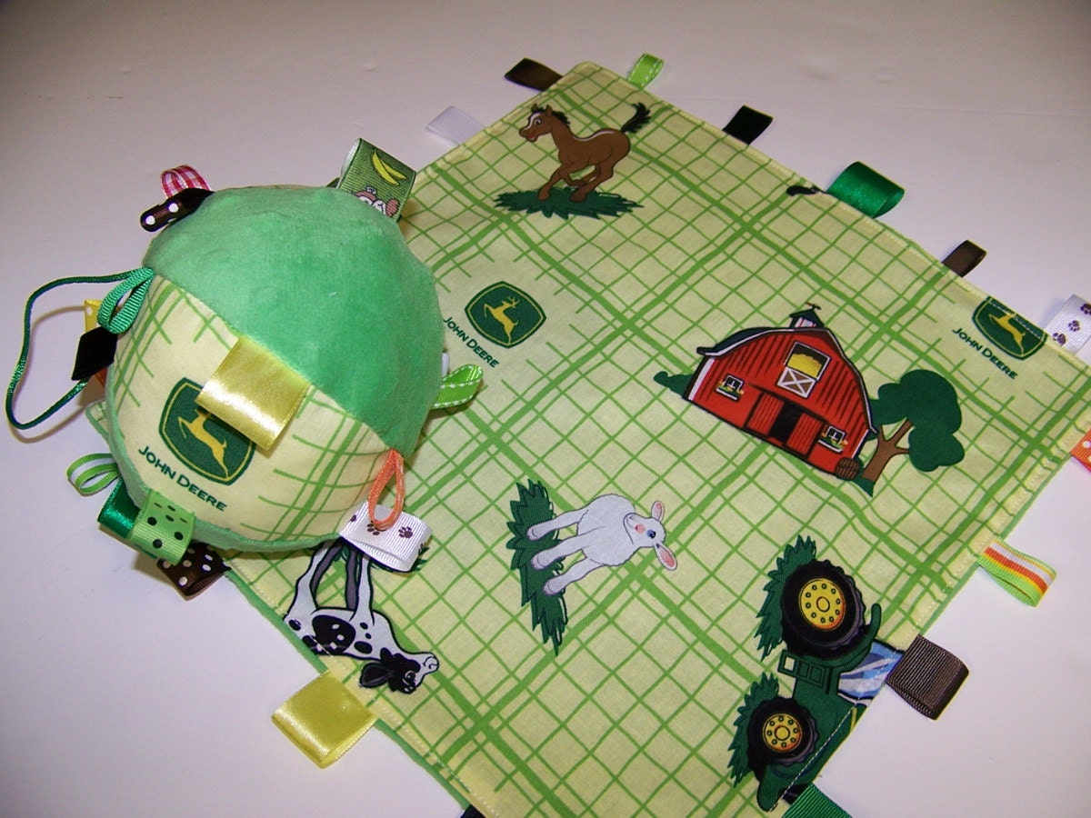 John Deere Baby Taggie Ball and Minky Blanket Handmade with Rattle 5" Dia. Yellow and Green SALE