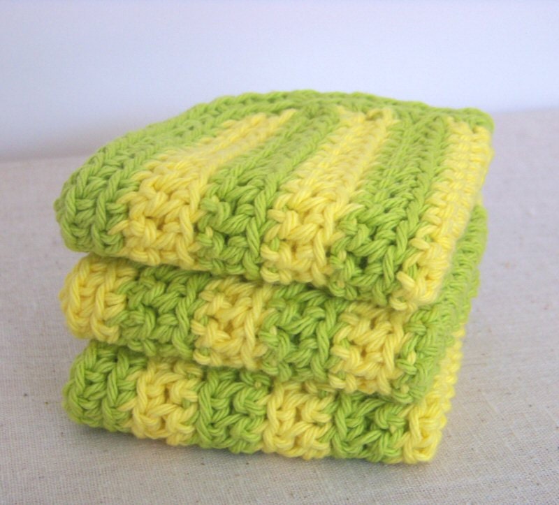 Wash Cloths, Dish Cloths, Cotton - Lemon Yellow and Lime Green Stripes - Crocheted 3 Piece Set