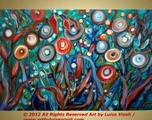 Abstract Flower Art Original Whimsical Fantasy Oil Painting by Luiza Vizoli blue,brown,orange,green,white,rust