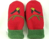 Wool Mittens Sweater Recycled Wool Mittens Red Green Bird and Branch Applique Leather Palm Fleece Lining Eco Friendly  Up Cycled